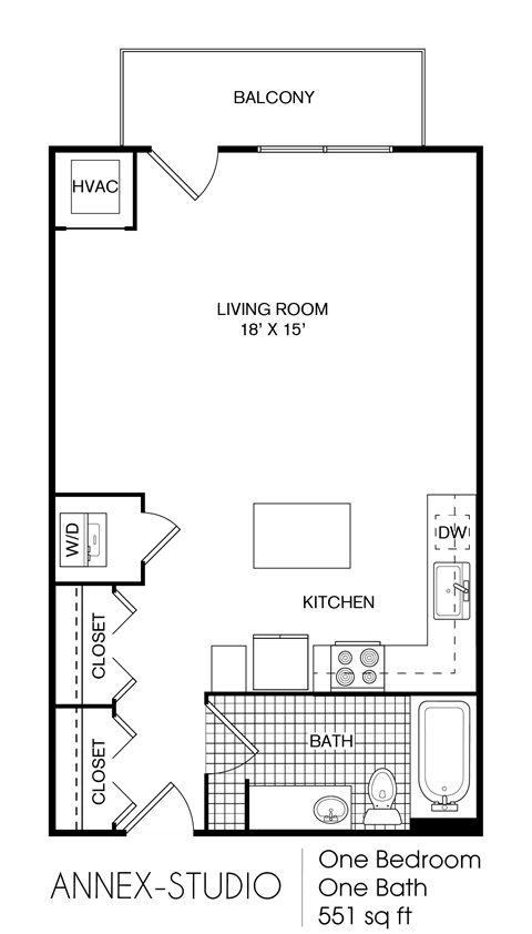 Floor plan for studio, 1 bath, 551 sqft